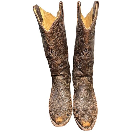 Corral Cowboy Boots Brown Exotic Goat Lizard Inlay Leather Pointed Snip Toe 8.5M - Picture 13 of 15